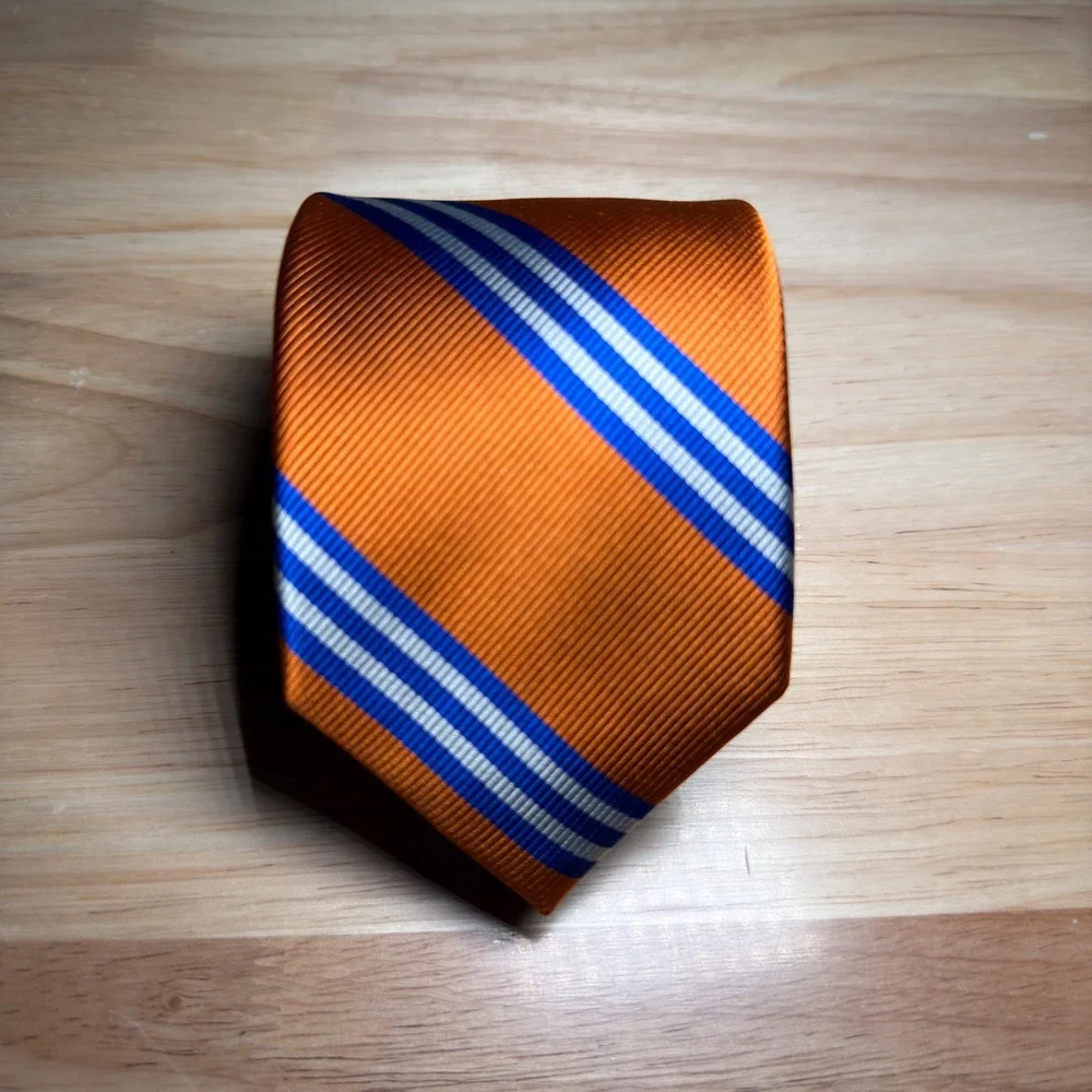 Saddlebred Tie Mens OS Orange Blue Repp Stripe 100% Silk Business Formal Necktie